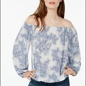 TOMMY HILFIGER Blue Paisley Long Sleeve Off Shoulder Top  Size Medium